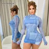 Casual Dresses ANJAMANOR 3d Blue Denim Print Long Sleeve Bodycon Dress Fashion Sexy Club Outfits Turtleneck Slit Mini For Women D85BD17