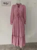 Casual Kleider Mode Kleid V-ausschnitt Spitze Up Laterne Lange Ärmel Reißverschluss Elegante Prinzessin Stil Mittlere Länge Frauen Frühling 2024 3WQ6782