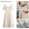 Plus -storlek Womens Summer French Dress Lace Applique Utsmyckningar Polyester Fabric Party Bronzing Process Printing 240327