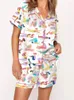 여성용 잠자기 2 피스 파자마 세트 Y2K 나비 프린트 라운지웨어 옷깃 버튼 아래로 짧은 슬리브 셔츠와 바지 여름