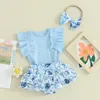 Ensembles de vêtements pour bébés filles, vêtements pour bébés filles, barboteuse en tricot à volants, imprimé floral, short, bandeau, été