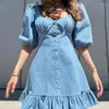 Party Dresses 2024 Spring Casual V-neck Button Denim Dress Women Sexy Solid Hollow Out Pleated Mini Summer Puff Sleeve Jeans Cloth