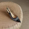 Robe chaussures sexy bout pointu patchwork plaid slingback pompes femme doux dames en cuir véritable 7cm chaton talons sandales quotidien