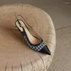 Kleidschuhe Sexy Spitz Patchwork Plaid Slingback Pumps Frau Weiche Damen Echtes Leder 7 cm Kitten Heels Sandalen Täglich