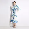 Casual Dresses Bohemian Women Chic Flower Printed Maxi Dress Spring Autumn Ladies Stand Collar Long Sleeve Lace-Up Belted Party Vestidos