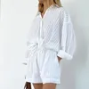 Home Clothing Cotton Sleepwear Lantern Long Sleeved Shorts Elegant Women's Sets Solid Color Loose Pajamas For Women 2-Piece Set Outerwear