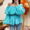 Kvinnors blusar Kvinnor Summer Long Lantern Sleeve Slash Neck Slim midje Ruffles Blus Female Sweet Solid Color Chiffon Womens Topps Blusa