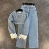 Pant 2pcs Sets for Women Wide Leg Trousers Y2k Pants Suits Korean Female Denim Coat Clothes Vneck Jacket Crop Top 240329