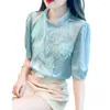 Blusas femininas azul verão chiffon blusa manga curta camisa roupas 2024 alto sentido elegante renda flor arco gola