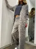 Primavera mujer manga larga estilo casual material de poliéster 2024 moda leopardo patrón cardigan abrigo pantalones conjunto 240326