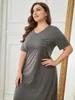 Dames Nachtkleding Plus Size Nachtjapon Effen Kleur V-hals Korte Mouwen Nachthemd Vrouwelijke Pyjama Jurk Borstzak Nachtkleding