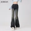 Jeans pour femmes Zoenova printemps coton doux mode fille rue Y2K pantalon évasé automne rétro élasticité pantalon de nettoyage de sol