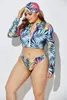 Dreiteilige Badebekleidung, modischer Reißverschluss, Stehkragen, lange Ärmel, Batikdruck, Badeanzüge, Übergröße, brasilianischer Bikini 240322
