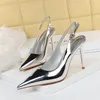 Chaussures de robe Femmes 9.5cm Talons hauts Sandales d'or Lady Cuir brillant Slingback Sandles Stiletto Mariage Mariée