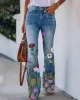 Jean Baggy imprimé fleur femme taille haute Streetwear droit jambe large Denim