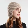 Bérets Rhombic Flower Earmuffs Tricot Bonnets Skullies Hommes Femmes Couleur Unie Peluche Doublé Oreille Chapeau Chapeau Coupe-Vent Bonnet De Ski