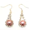 Dangle Earrings 1.5 Inches 8-9mm Natural Pink Button Pearl Earring With 925 Sterling Silver Clasp And Zirconia