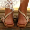 صندل نساء عتيقة بوهو بيرل بيتش عطلة أحذية جلدية شقق الصيف أسفل الصندل الروماني