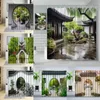 Dusch gardiner kinesisk stil gardin vintage trä bräde trädgård byggnad grön växt bambu mönster badrumsdekor