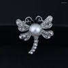 Brooches Silver Color Dragonfly Brooch Fashion Crystal Animal With Pearl Pin For Women Costume Accessories