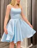 Simple Spaghetti Straps Scoop Neck Satin Evening Dresses A Line Knee Length Light Blue Prom Dress Formal Party Gown for Women