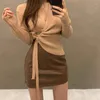 Kvinnors stickor Autumn Winter Clothes Women Casual Long Sleeve Top Sticke Sweaters Sexy V Neck Drawstring Ruched Wrap Cardigan