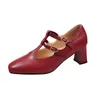 Freizeitschuhe 2024 Damen Sommer und Herbst Retro Einfache dicke Ferse Single mit einer Linie Schnalle High Mary Jane