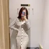 Casual Jurken Vintage Streep Gebreide Vrouwen Enkele Breasted Kraag Slanke Midi Jurk Herfst Winter Bodycon Split Trui E366