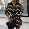 Casual Dresses Commuter Lady Elegant Single Bleasted Lapel Shirt Dress Spring Gold Wave Stripe Shiny Party Autumn Long Sleeve Women