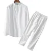 Vit premium bomullslinne skjorta byxor kläder mens set 2 bit longshort hylsa tröjor yoga strand bröllop kostymer 240328