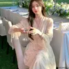 Party Dresses Romantic Long Fairy 2024 Summer French Design Women Holiday Chiffon Flower Floral Retro Vintage Hollow Out Dress