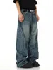 Reddachic torcido costura homens baggy jeans retro azul bigodes retalhos perna larga casual calças de grandes dimensões skater hiphop streetwear 240325