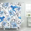 Rideaux de douche motif de fleurs de feuilles bleu et colibris aquarelle oiseaux orchidée rideau tissu polyester imperméable 60 x 72 pouces ensemble