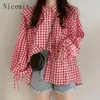 Women's Blouses Korean Vintage Black And White Plaid Doll Collar Shirt Women Top Spring Loose Drawstring Bubble Sleeve Clothing