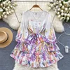 Vrouwen Basic Casual Jurken 2024 Zomer Prachtige Bloem Chiffon Jurk Vrouwen V-hals Flare Mouw Bloemenprint Lace Up Riem Losse Gewaad Mini vestidos