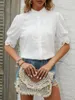 Kvinnors blusar White Lace Patchwork Shirts Women Vintage Half Sleeve For 2024 Summer Casual Loose Blouse Office Ladies