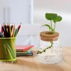 Vases 2pcs bureau rond verre planteur terrarium fleur vase avec couvercle en bois pour la propagation des plantes hydroponiques décor de bureau à domicile