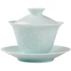 Teaware Sets Jingdezhen Hand Carved Shadow Blue Procelain Large Sancai Gaiwan Tea Cup Single Non-Scald Household Ceramic Bowl