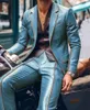 男性スーツスリムフィットブレザーパンツ2PCSセットコントラストトリムラペルPUレザージャケット男性