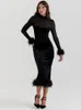 Mozision Elegant Feather Sexy Midi Dress For Women Black Fashion Sheer Long Sleeve Backless Bodycon Club Party 240315