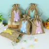 24st påskaren Bunny Burlap Candy Påsar med dragkampan Linen förvaringspåsar Påskfest gynnar dekorati presentförpackningspåse y21f#