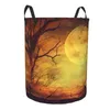 Laundry Bags Folding Basket Spooky Forest And Wooden Table Round Storage Bin Large Hamper Collapsible Clothes Toy Bucket Organizer