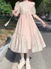 Vestidos casuais estilo chinês preppy mori menina kawaii em pé colar nó laço babados temperamento elegante rosa para mulheres