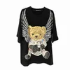 T-shirt d'été tendance marque chaude diamant espace volant ours en peluche à manches courtes grandes ailes noir haute rue unisexe c