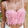 Kvinnors tankar Elegant Pearl Lace Corset Top Ruffled Suspenders Women Summer Crop Camisole Tank Korean Slimming