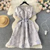 Casual Dresses Romantic Rose Jacquard Summer Women High Quality O-neck Short Sleeve Slim Elegant Knee-length Dress Spring Fashion