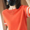 Camisetas de mujer de punto con huecos, camisetas de seda de hielo, protección solar de verano, jersey con cuello redondo, camiseta de moda coreana Kawaii Patchwork de manga corta