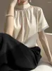 Women's T Shirts Half High Collar Silk Acetate Satin T-shirt Loose Korean Fashion Champagne Summer Elegant Short Sleeve Tops