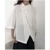 Blusas femininas versão coreana manga curta topos preto chinês placa oblíqua botão camisa verão solto peplum blusa estilo feminino retro