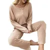 Accueil Vêtements Femmes Pyjama Set Women's Color Waffle Texture avec un pantalon de jambe large à collier large pour le confort